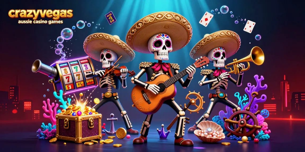 Engage with crazyvegas aussie casino games in this vibrant 3D casino-themed illustration showcasing online slot reels and a lively mariachi band.