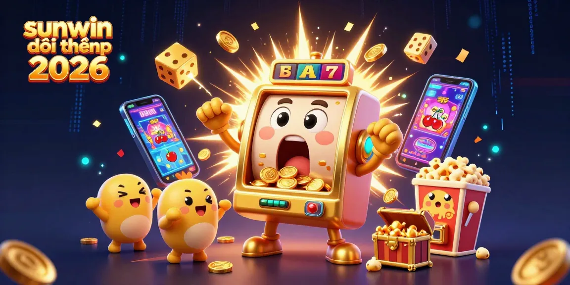 Experience the thrill of sunwin đổi thưởng 2026 as the golden slot machine hits jackpot amidst a festive celebration of coins and fun.