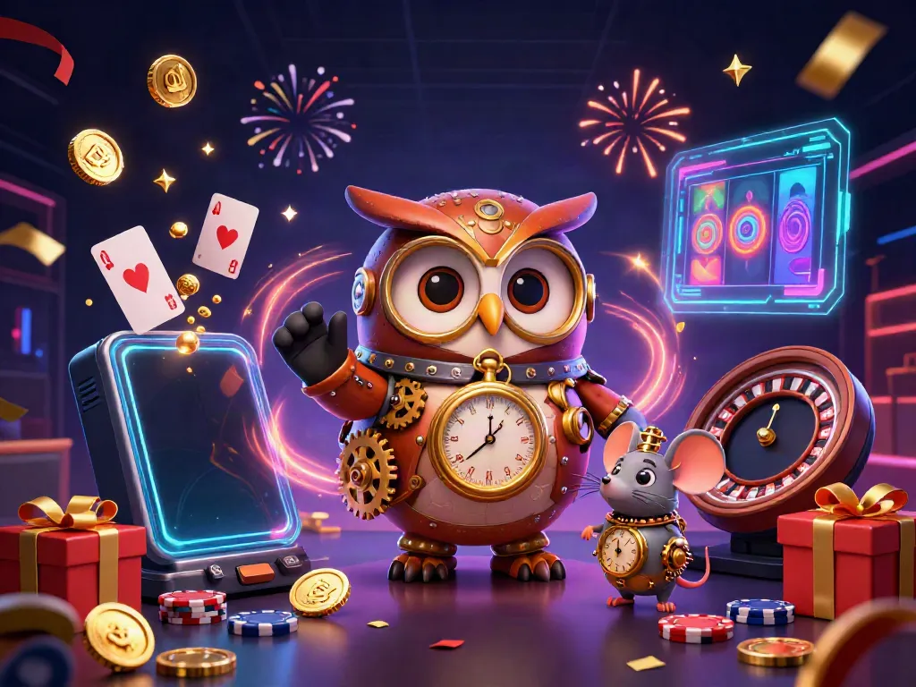 Experience Jw88’s excitement with vibrant casino elements and a time-traveling owl.