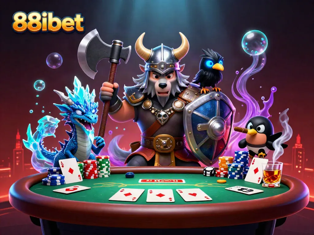 Engage in thrilling heroics with 88ibet's Viking warrior, dragon, and raven at a vibrant poker scene.